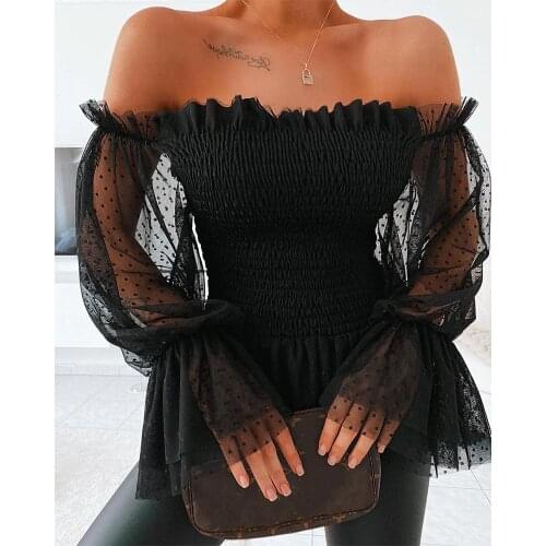 Sexy Off Shoulder Blouse Women Mesh Flare Sleeve Shirts Summer Fashion Sheer Long Sleeve Lace Frill Blouser Tops