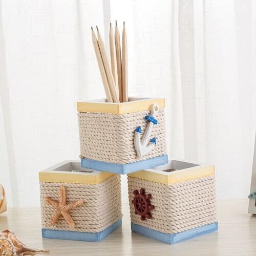 Mediterranean style creative pen holder home decoration cotton rope wood crafts study desk storage box decoration