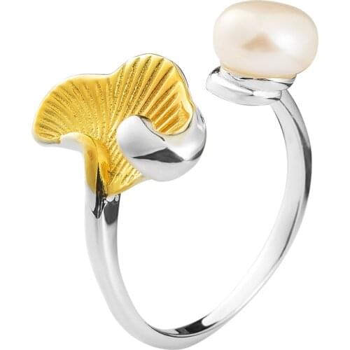 VLA 925 Sterling Silver Personality National Style Pearl Gingko Leaf Ring For Women Fashion Temperament Jewelry