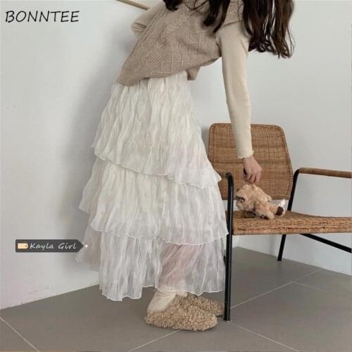 Folds Skirts Women Friends Elegant Summer Chic Korean Style Kawaii Long Fit Sweet A-Line Mid-Calf Empire Cozy Pure Color Stylish
