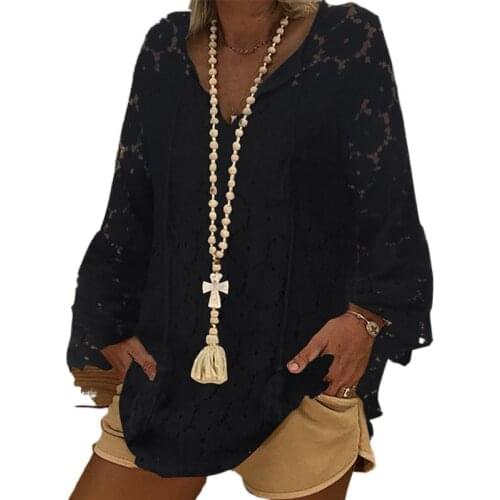 Women Elegant Lace Insert Tassel CE Blouse 2021 Autumn Shirts Vintage Long Lantern Sleeve Tops Casual V-Neck Blusa Ladies