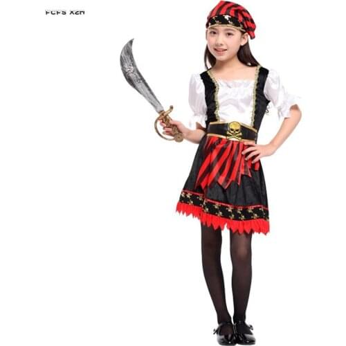 M-XL Girls Halloween Robber Pirate costumes Kids Children Pirates of the Caribbean Cosplay Carnival Purim Role play party dress
