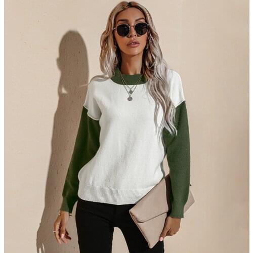 Solid Color Long Sleeve Spliced Pullover Sweater Women Autumn Elegant O Neck Knitted Sweater Casual Loose Streetwear Sweater