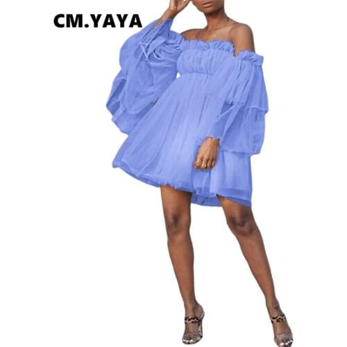 CM.YAYA Women Mini Dress Solid Full Butterfly Sleeve Off Shoulder Slashneck Loose A-line Dresses Sexy Fashion Vestidos Autumn