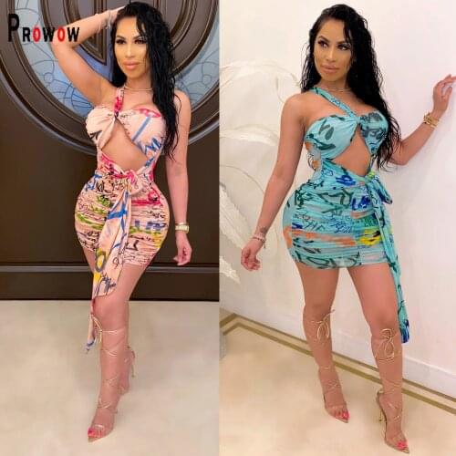 Prowow Sexy Mesh Summer Women Dress Independent Aesthetic Prints Beach Wear Outfits for Woman Bandage Bow Female Clothing