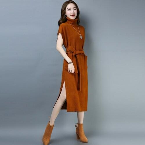 Elegant Solid Color Turtleneck Short Sleeve Knitted Wool Sweater Dress Women AutumnSexy Side Split Winter Dresses