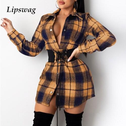2021 Spring Vintage Plaid Dress Fashion Women Turn-down Collar Button Mini Dresses Office Ladies Long Sleeve Slim Party Vestidos