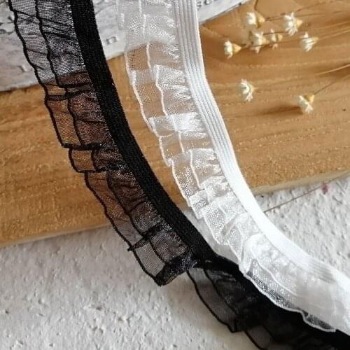 2 Yards Elastic Ruffled Lace 2 Layers Glitter Sheer Stretch Pleated Lace trim in Black/White DIY Sewing for Cuff Neckline Socks