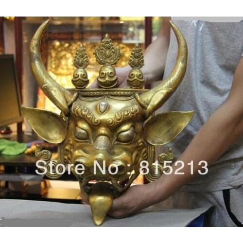 Bi00171 Tibet Old Copper Bronze 24K Gold Gilt Hell Main Bull Demon Yama Buddha Head Mask