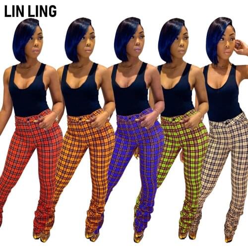 LINLING High Waist Retro Plaid Print Casual Pants Women 2020 Pleated Hem Sports Warm Up Micro Flared Trousers