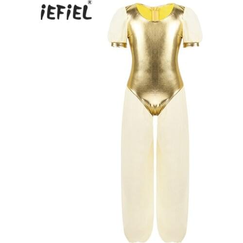 Kids Girls Fairy Princess Lyrical Dance Costume Short Puff Sleeves Metallic Chiffon Ballet Gymnastics Leotard Jumpsuit Dancewear