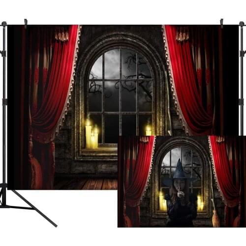 Halloween Themed Photography Backdrop Curtain Floor Balcony Moon Magical Broom Background Photo Studio Booth Photographer Props