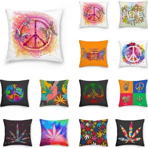 Hippie Pattern Peace and Love Leavs Decorative Cushions Pillowcase Polyester Cushion Cover Throw Pillow Sofa Decor Pillowcover