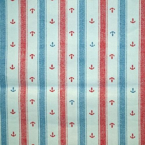 Cotton Linen Fabric for sewing pathwork, bedding - Stripe - Sea anchor - blue and red (width=140cm)