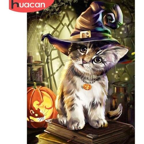 HUACAN Diamond Painting Full Square Halloween Cat Paint With Diamonds DIY Diamond Embroidery Animals Picture Of Rhinestone