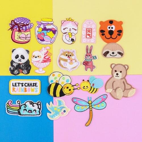 Kawaii Bee Patches For Clothes Panda Animal Embroidered Appliques Iron on Cake Badges Stripes Stickers On Clothes