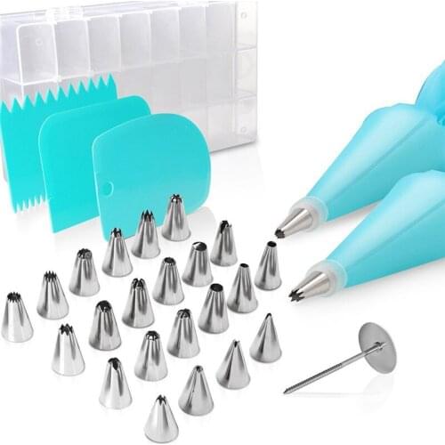 Pastry Sockets, 32 Pieces Stainless Steel DIY Kits, 24 Sockets, 2 Reusable Socket Pockets, 2 Couplers, 1 Nail, 3 Cream Scraper