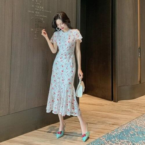 2021Lace Cherry Print Dress New Summer Small Fresh Fishtail Skirt Slim Slim Temperament Skirt Dresses Women
