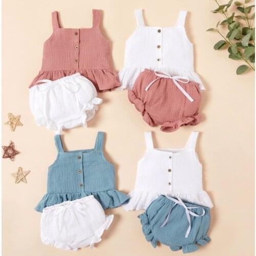 Summer Baby Costume 2-Piece Set Newborn Girl Suspenders Solid Ruffle T-shirt +Shorts Toddler Outfits