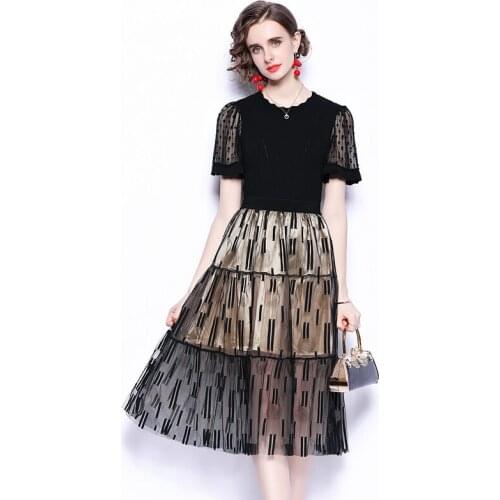 Summer Womens Suit French Retro Round Neck Lace Stitching Cropped Top + High Waist Mesh Dress New Waist Female Sets X783