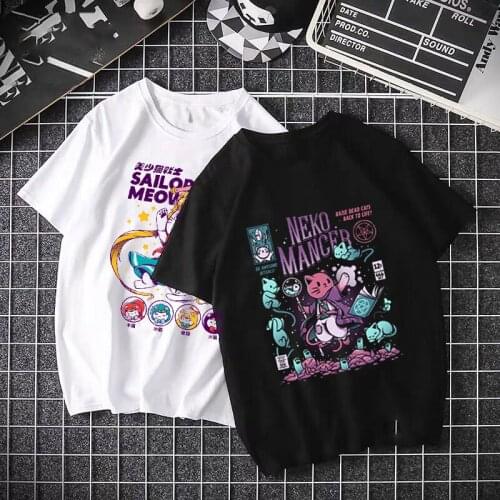 Fashion Nekomancer Funny Printed Mens Tshirt Aesthetic Japan Unisex Cotton Black Short Sleeve T-Shirt Men And Women Tees Tops