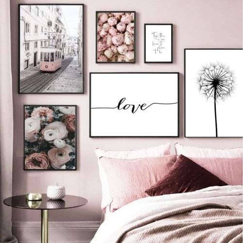 Wall Art Canvas Painting Tram Rose Dandelion Love Quotes Nordic Posters and Prints Landscape Wall Pictures for Living Room Decor