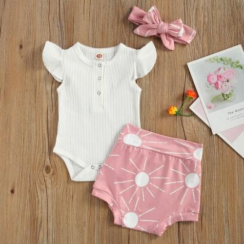 Pudcoco Newborn Baby Girl Clothes Fly Sleeve Single-breasted Ruffle Decoration Romper Flower Print Shorts Headband 3Pcs Summer