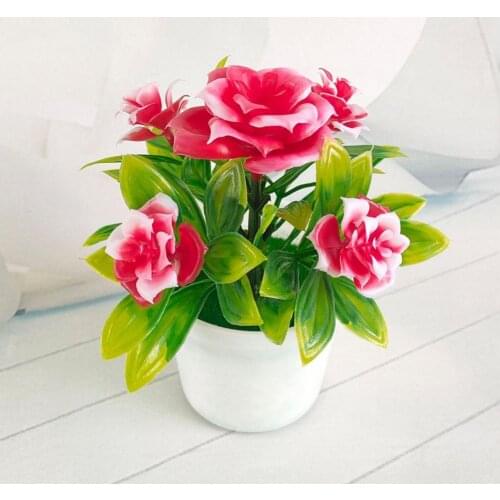 Plastic Green Plants Red&Yellow&Pink&Orange&Rose Red Potted Artificial Mini Plastic Simulation Flower Pot for Home