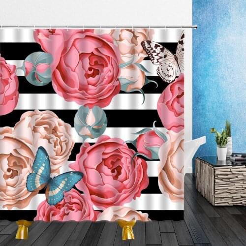 Flowers Shower Curtains Black White Stripe Splicing Pink Butterfly 3D Bathroom Home Decor Waterproof Polyester Cloth Curtain
