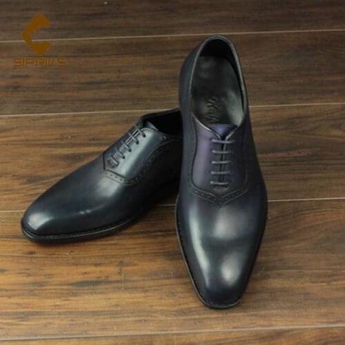 Sipriks Italian Custom Goodyear Dress Shoes Navy Blue Genuine Leather Oxfords Shoes Brogues Lace Up Business Black Formal Tuxedo