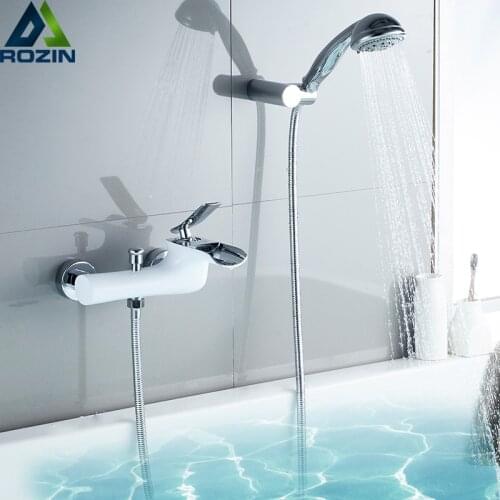 White Waterfall Spout Bathtub Faucet Wall Mounted Multifunction Handshower Bath Shower Set One Handle Bath Tub Mixer Faucet Tap