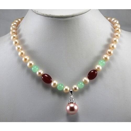 Party jewelry 8mm yellow shell pearl bead mixed green/red Jade necklace match 12mm pink shell pearl pendant necklace