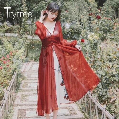 Trytree 2020 Summer Women Two Piece Set Casual Print Sling Dress + Coat Mesh Lantern Sleeve Bandage Elegant Button 2 Piece Set