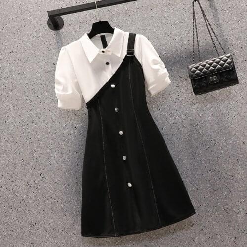 Plus Size 5XL Office Ladies Elegant Shirt Dress Short Sleeve Fake Two Piece Black White Patchwork Work Party Dresses Summer Robe