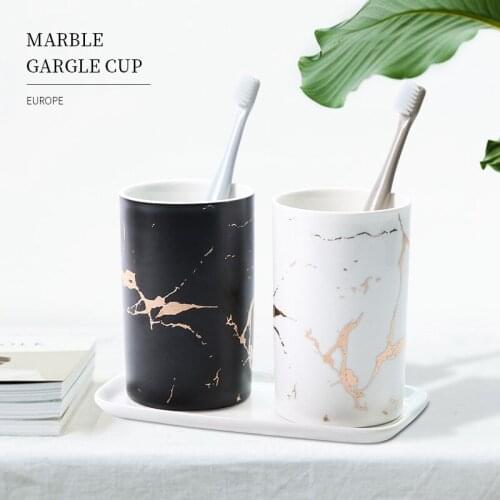 4 Inch Marble Ceramic Water Cup with Tray Set,Nordic Couple Mouthwash Cup,Coffee Cup,350ml