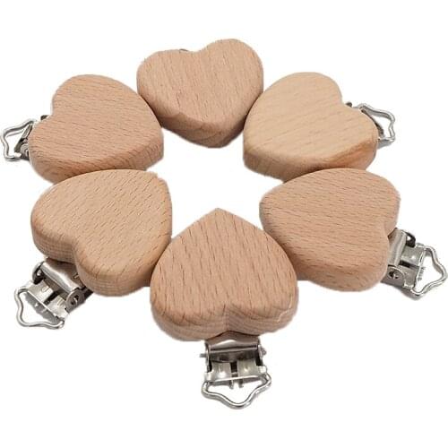 Chenkai 50PCS Wooden Heart Pacifier Clips DIY Organic Eco-friendly Nature Baby Pacifier Rattle Teething Grasping Sensory Toy