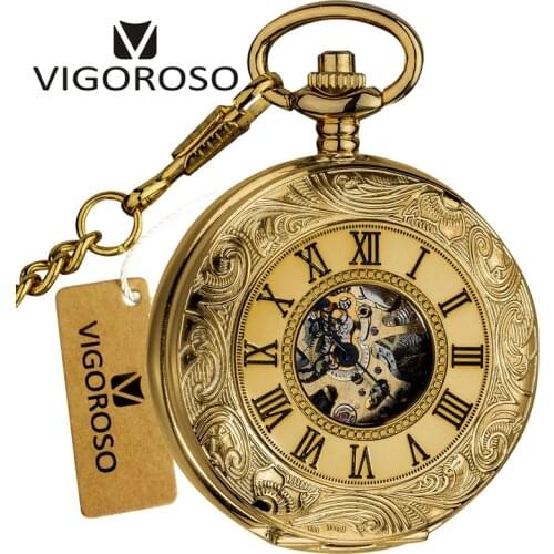 VIGOROSO Mens Antique Mechanical Skeleton Chain Pocket Watch Classic Vintage Retro Design Watches Wind up Steampunk Gold Clock