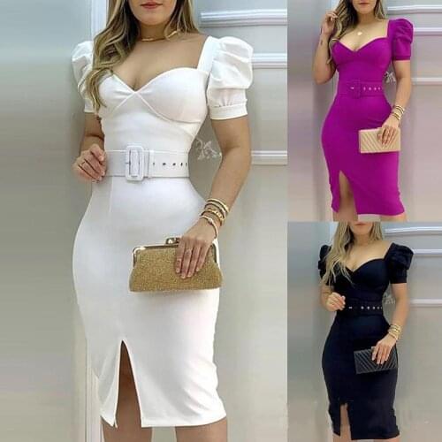 CHRONSTYLE Elegant Women OL Dress 2021 Fashion Low Cut Short Puff Sleeve Party Wear High Waist Side Split Knee Length Dress New