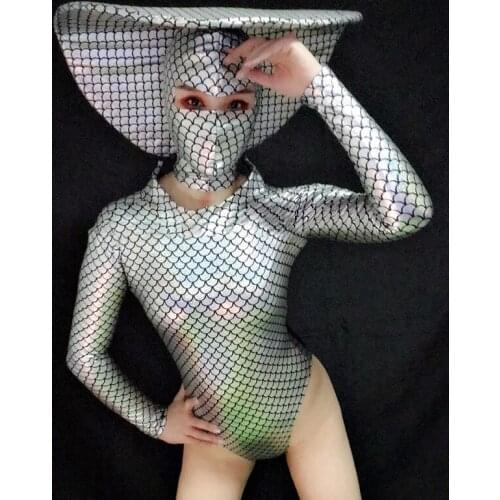 Sexy Bar gogo ds laser costume illusion fish scales mysterious masked mermaid conjoined round headwear stage dance costumes