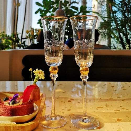 2Pcs/Set High Quality Crystal Champagne Cup Hand-Carved Clearly wine cup Goblet Cocktail Party Wedding Glasses With Gift Box