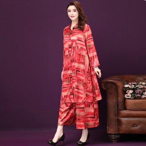 2 Pieces Set Retro Printing Wide Leg Pants Plus Size Dress Women Clothes Loose Dresses Long Sleeve Cardigan Loose Party Dress
