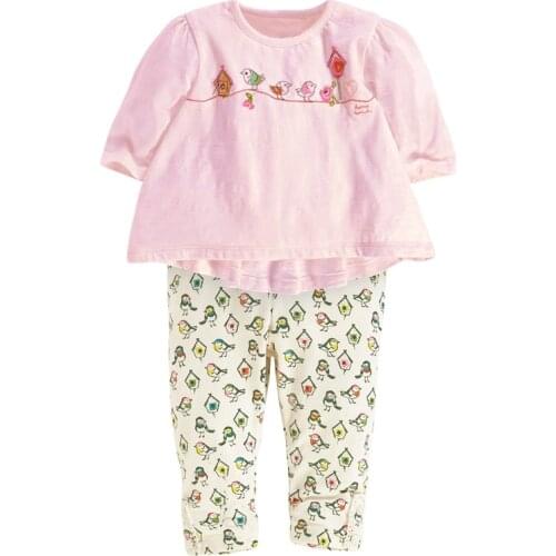 Childrens Sets Autumn Cotton Baby Girl Clothes Toddler Set Brand Long Sleeve Flower Pink Shirt + Bird Print Pants 2Y0076
