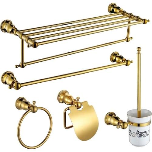 Brass gold plated 5 pieces Bathroom Hardware Accessory Set 565mm Towel rack Towel bar paper holder towel ring Toilet brush