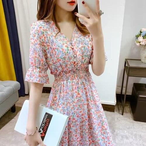Summer Women Ruffled Short-sleeved Chiffon Dress V-neck High Waist Floral Print Beach Midi Dresses Party Sexy Vestidos Y363