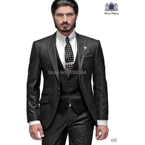 2017 Shiny Black Men Suits Tuxedos For Men Peak Lapel Men Wedding Suits Groomsmen Suits 3 Piece Suit (Jacket+Pants+Vest+Tie)