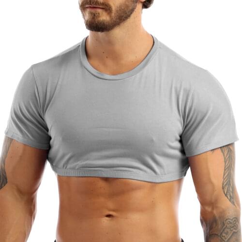 Men Crop Top Gay Short Sleeves Pullover T-Shirt Blouses Muscle Slim Fit Gym Clothing Casual Solid Color Basic Tank Top Singlet
