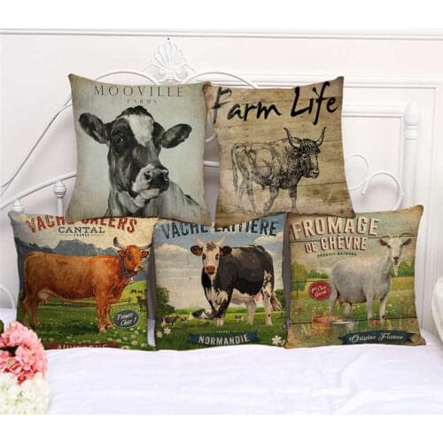 Throw Pillow Cases Vintage Farm Animal Cow Pig Cushion Cover 45x45cm Home Living Room Decoration Linen/Cotton Pillowcover Decor