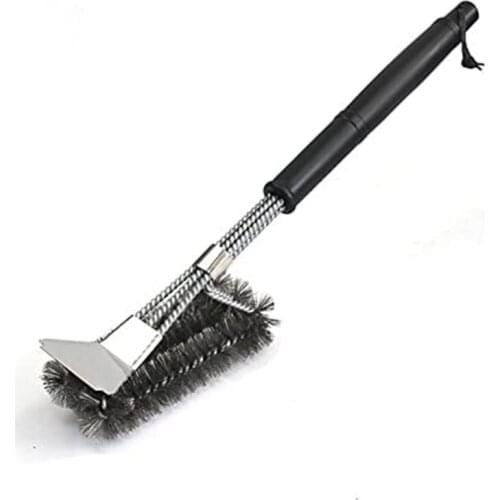 K92A 3 In 1 Grill Brush with Scraper Stainless Steel Wire Bristles Barbecue Triple Cleaning Brush Long Handle BBQ Cleaner