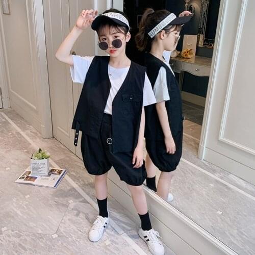 New Girls Summer Sets 3-13 Years Old Childrens Clothing Solid Short Sleeve Crew Neck Kids Casual Clothes for Girl Three Pieces