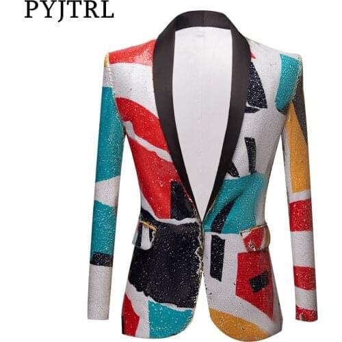 PYJTRL New Fashion Pattern Shawl Lapel Sequins Blazer DJ Night Club Slim Fit Suit Jacket Stage Singers Costume